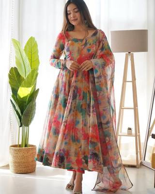 Multi Colour Soft Organza Tabi Silk Fully Stitched Printed Stiched Gown 3