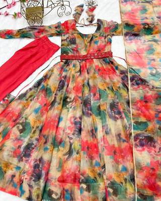 Multi Colour Soft Organza Tabi Silk Fully Stitched Printed Stiched Gown 4