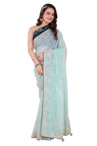 Blue Organza Saree For Women With Blouse Sd29116
