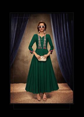 Green Thread Embroidery Rayon Stiched Readymade Gown 1