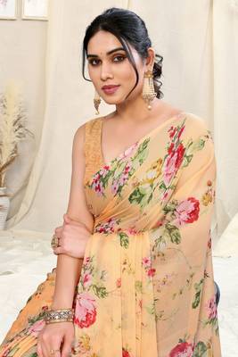 Light orange chiffon floral print border saree with unstitched blouse piece 1