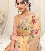 Light orange chiffon floral print border saree with unstitched blouse piece