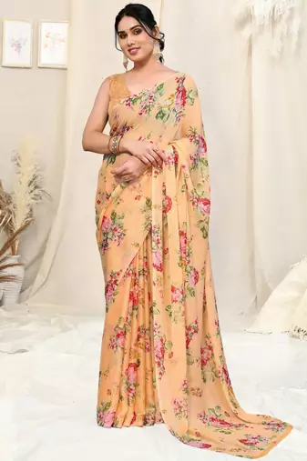 Light orange chiffon floral print border saree with unstitched blouse piece