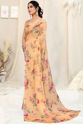 Light orange chiffon floral print border saree with unstitched blouse piece 3