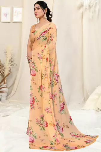 Light orange chiffon floral print border saree with unstitched blouse piece