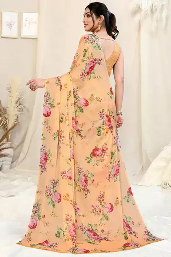 Light orange chiffon floral print border saree with unstitched blouse piece