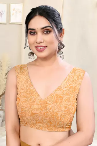 Light orange chiffon floral print border saree with unstitched blouse piece