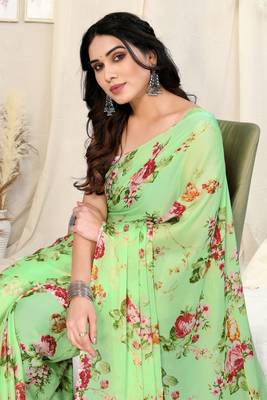 Light green chiffon floral print border saree with unstitched blouse piece 1