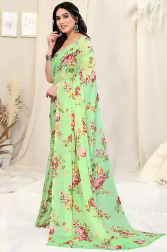 Light green chiffon floral print border saree with unstitched blouse piece