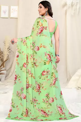 Light green chiffon floral print border saree with unstitched blouse piece