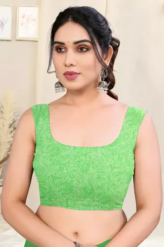 Light green chiffon floral print border saree with unstitched blouse piece