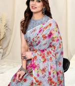 Grey Chiffon Floral Print Border Saree With Unstitched Blouse Piece