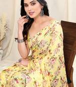 Pastel yellow/light yellow chiffon floral print border saree with unstitched blouse piece