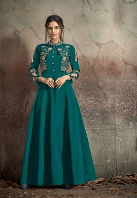 Teal Blue Resham & Jari Embroidery With Stone Work Tafeta Art Silk Stiched Readymade Gown 2