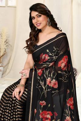 Black chiffon printed saree with unstitched blouse piece 1