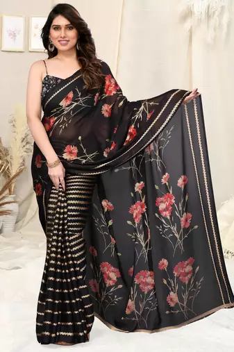 Black chiffon printed saree with unstitched blouse piece
