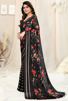 Black chiffon printed saree with unstitched blouse piece 3