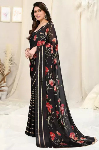 Black chiffon printed saree with unstitched blouse piece