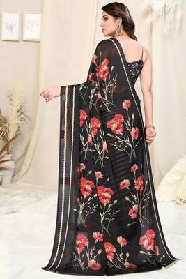 Black chiffon printed saree with unstitched blouse piece 4