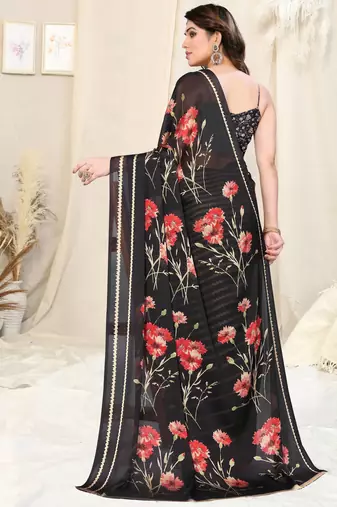 Black chiffon printed saree with unstitched blouse piece