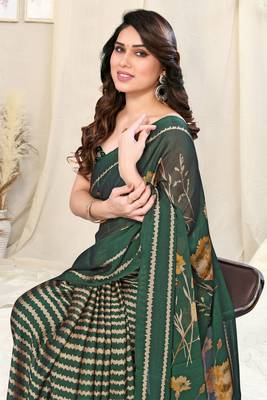 Dark Green Chiffon Floral/Stripes Print Printed Saree With Unstitched Blouse Piece 1