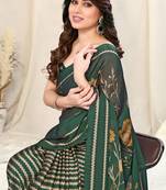 Dark Green Chiffon Floral/Stripes Print Printed Saree With Unstitched Blouse Piece