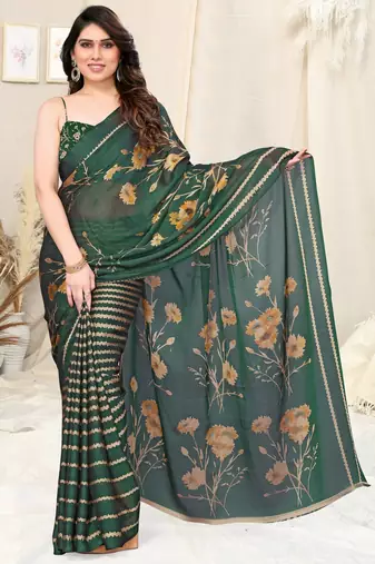 Dark Green Chiffon Floral/Stripes Print Printed Saree With Unstitched Blouse Piece