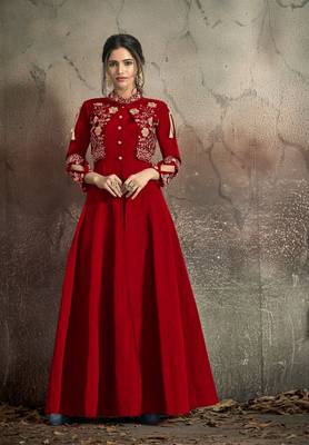 Red Resham & Jari Embroidery With Stone Work Tafeta Art Silk Stiched Readymade Gown 2