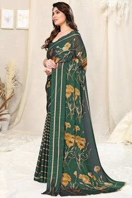 Dark Green Chiffon Floral/Stripes Print Printed Saree With Unstitched Blouse Piece 3