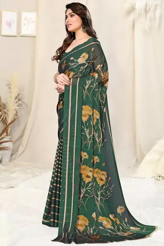 Dark Green Chiffon Floral/Stripes Print Printed Saree With Unstitched Blouse Piece