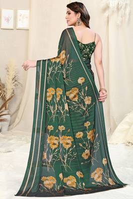 Dark Green Chiffon Floral/Stripes Print Printed Saree With Unstitched Blouse Piece 4