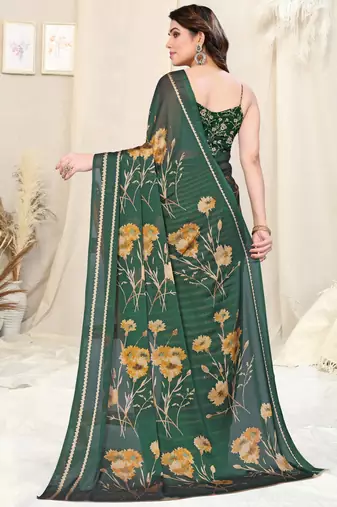 Dark Green Chiffon Floral/Stripes Print Printed Saree With Unstitched Blouse Piece