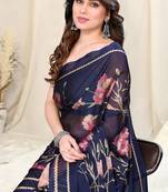 Light Orange Chiffon Floral Print Border Saree With Unstitched Blouse Piece