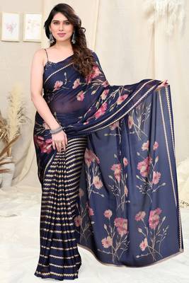 Light Orange Chiffon Floral Print Border Saree With Unstitched Blouse Piece 2