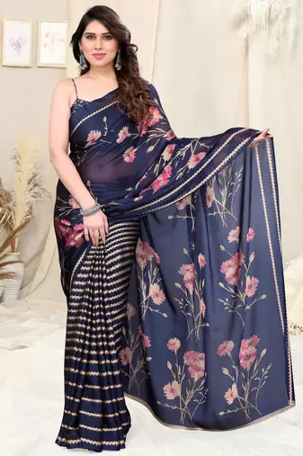 Light Orange Chiffon Floral Print Border Saree With Unstitched Blouse Piece