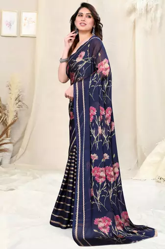 Light Orange Chiffon Floral Print Border Saree With Unstitched Blouse Piece