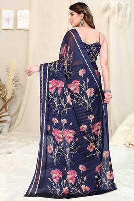 Light Orange Chiffon Floral Print Border Saree With Unstitched Blouse Piece 4