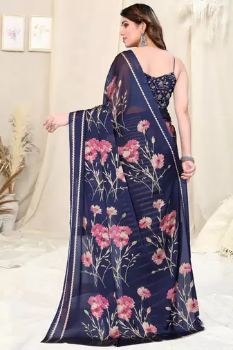 Light Orange Chiffon Floral Print Border Saree With Unstitched Blouse Piece