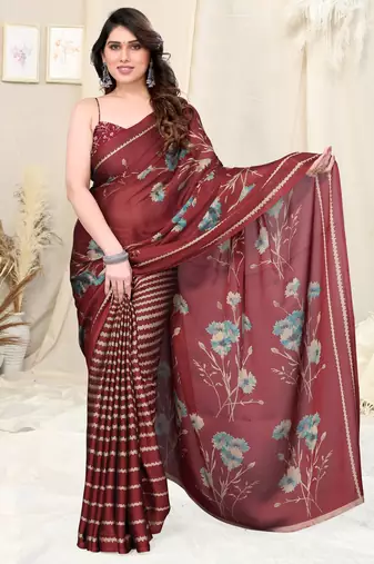 Maroon Chiffon Floral/Stripes Print Printed Saree With Unstitched Blouse Piece