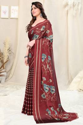 Maroon Chiffon Floral/Stripes Print Printed Saree With Unstitched Blouse Piece 3