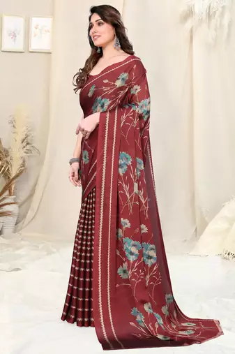 Maroon Chiffon Floral/Stripes Print Printed Saree With Unstitched Blouse Piece