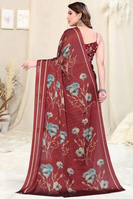 Maroon Chiffon Floral/Stripes Print Printed Saree With Unstitched Blouse Piece 4
