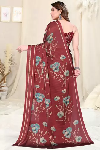 Maroon Chiffon Floral/Stripes Print Printed Saree With Unstitched Blouse Piece