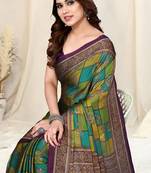Teal/green/mustard chiffon colorblock/checks/floral printed saree with unstitched blouse piece