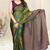 Teal/green/mustard chiffon colorblock/checks/floral printed saree with unstitched blouse piece