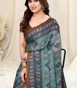 Dusty Teal Chiffon Paisley/Block Print Printed Saree With Unstitched Blouse Piece