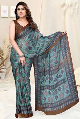 Dusty Teal Chiffon Paisley/Block Print Printed Saree With Unstitched Blouse Piece 2