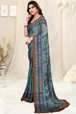 Dusty Teal Chiffon Paisley/Block Print Printed Saree With Unstitched Blouse Piece 3