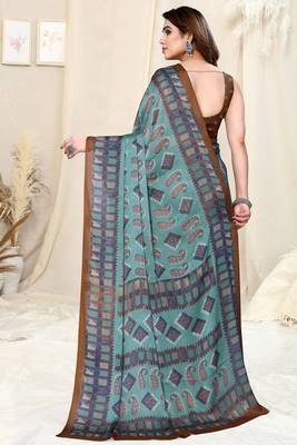 Dusty Teal Chiffon Paisley/Block Print Printed Saree With Unstitched Blouse Piece 4