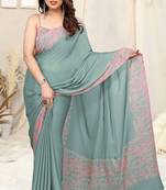 Teal Chiffon Solid/Abstract Print Printed Saree With Unstitched Blouse Piece